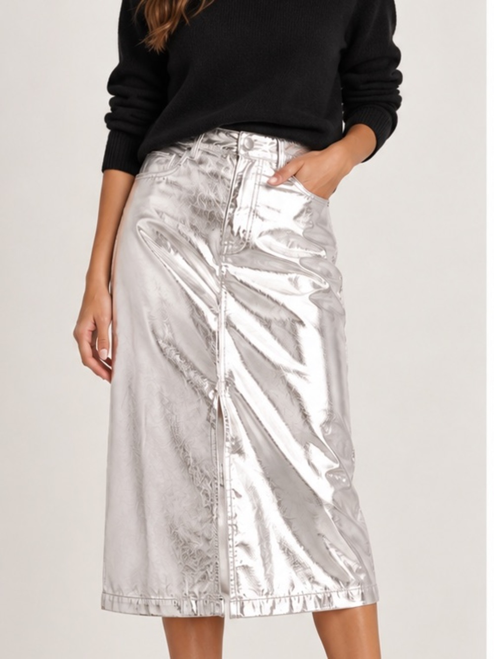 Scoop Metallic Silver Midi Skirt With Front Slit